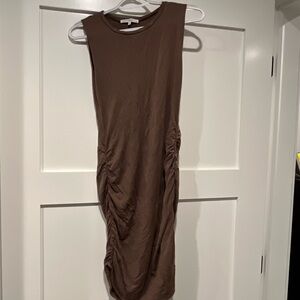 Brown Asymmetrical Ruched Midi Dress